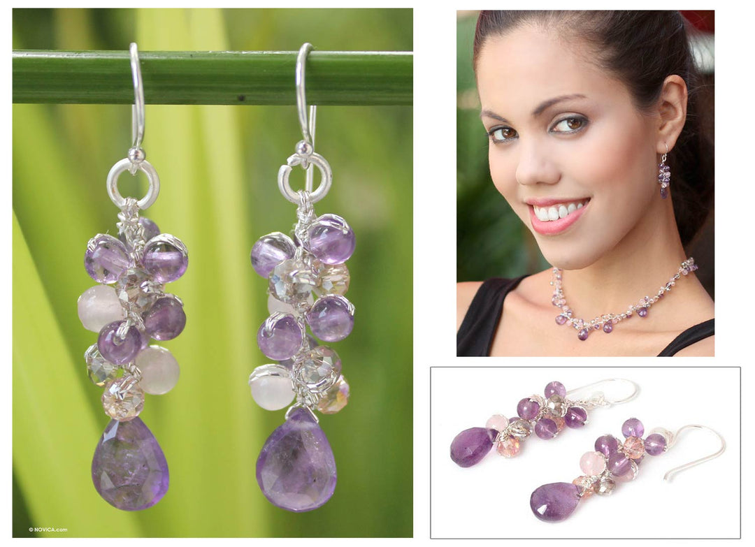 Amethyst and Quartz Beaded Earrings - Purple Pink Glam