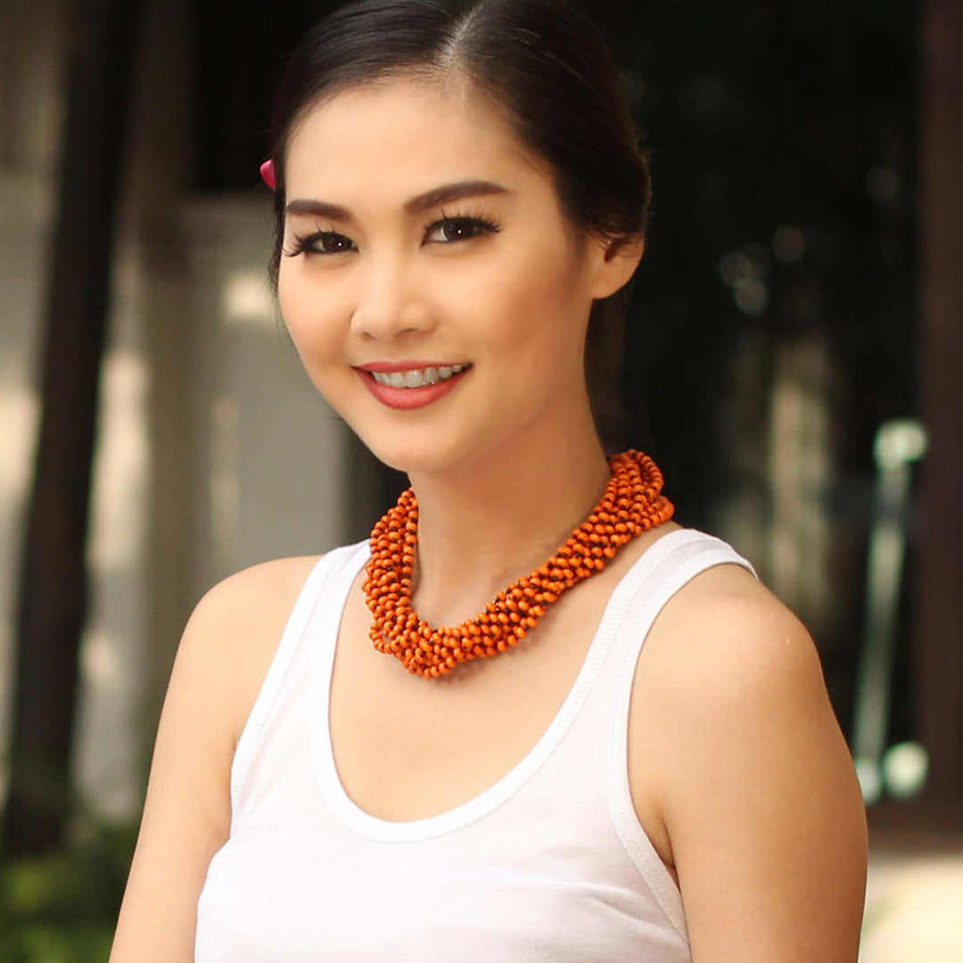 Orange Torsade Necklace Wood Beaded Jewelry - Lamphan Belle