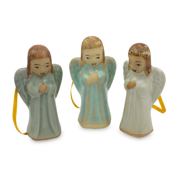 Angel Ornaments in Celadon Ceramic - Set of 3 - Christmas Angel