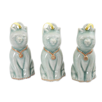 Celadon Ceramic Ornaments - Set of 3 - Light Blue Festive Cats
