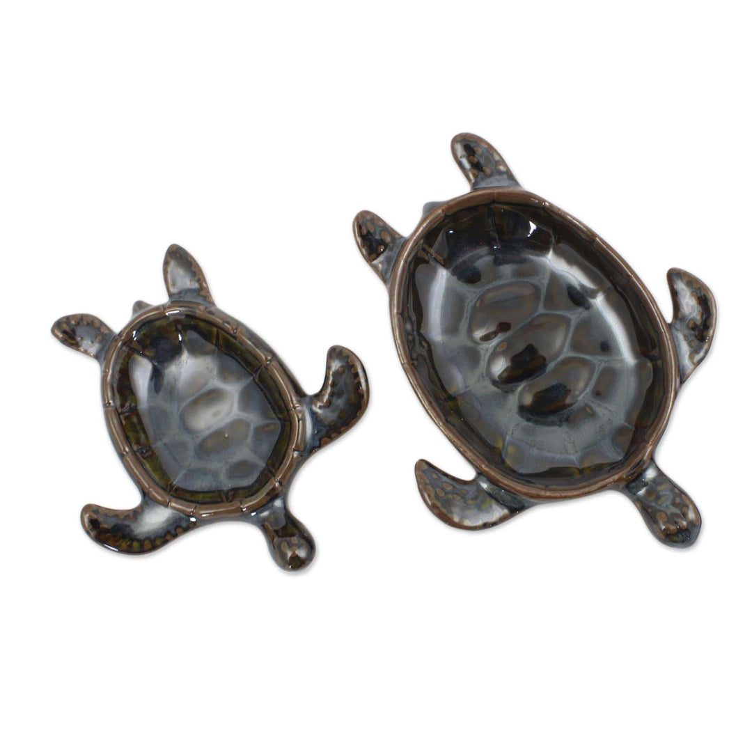 Handcrafted Ceramic Bowls from Thailand (pair) - Indigo Thai Turtles