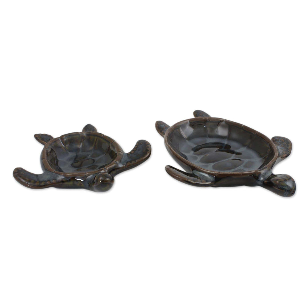 Handcrafted Ceramic Bowls from Thailand (pair) - Indigo Thai Turtles