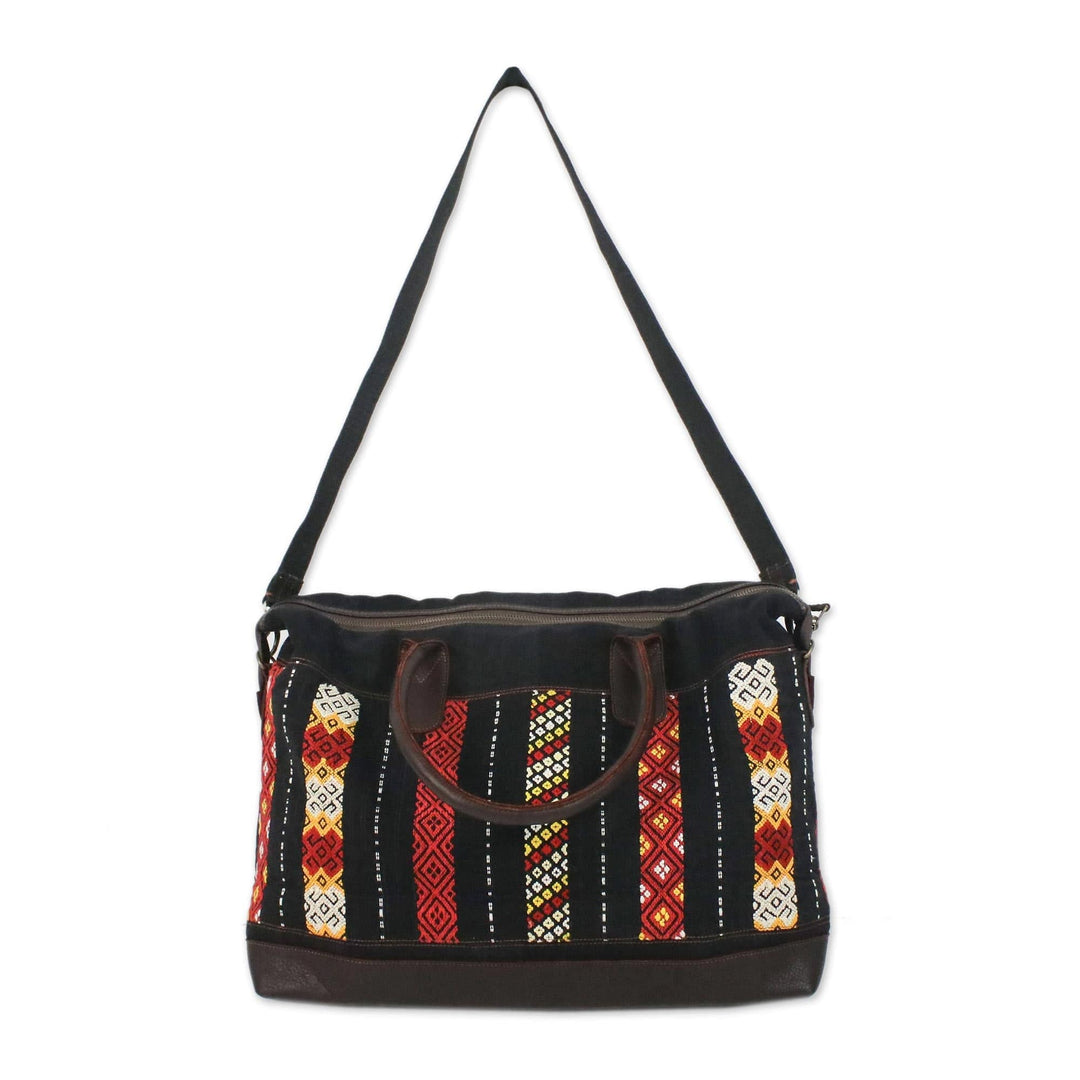 Leather Accent Tribal Cotton Shoulder Bag - Naga Midnight