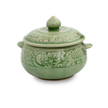 Crackled Green Celadon Covered Bowl with Elephants - Green Elephant Forest