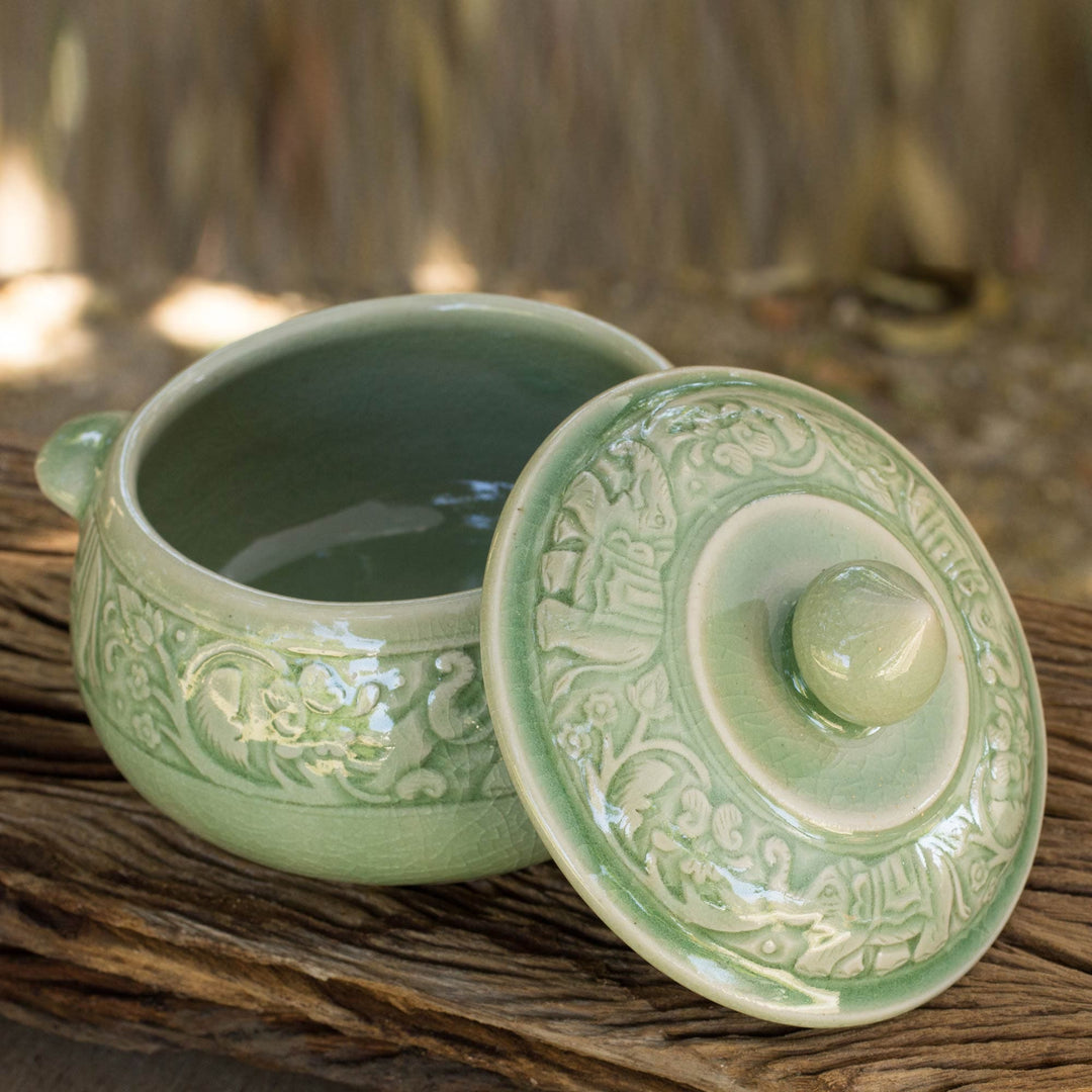 Crackled Green Celadon Covered Bowl with Elephants - Green Elephant Forest