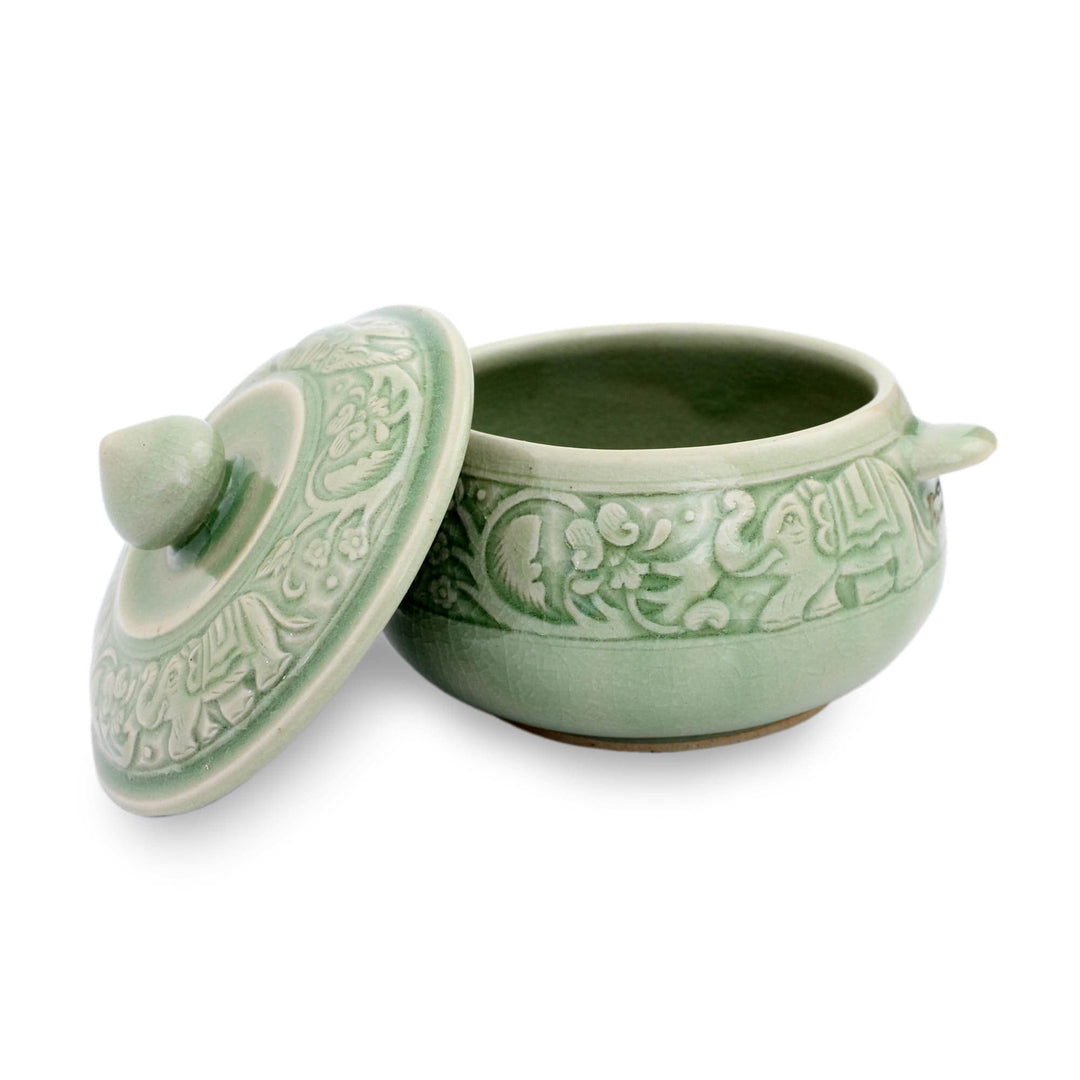 Crackled Green Celadon Covered Bowl with Elephants - Green Elephant Forest