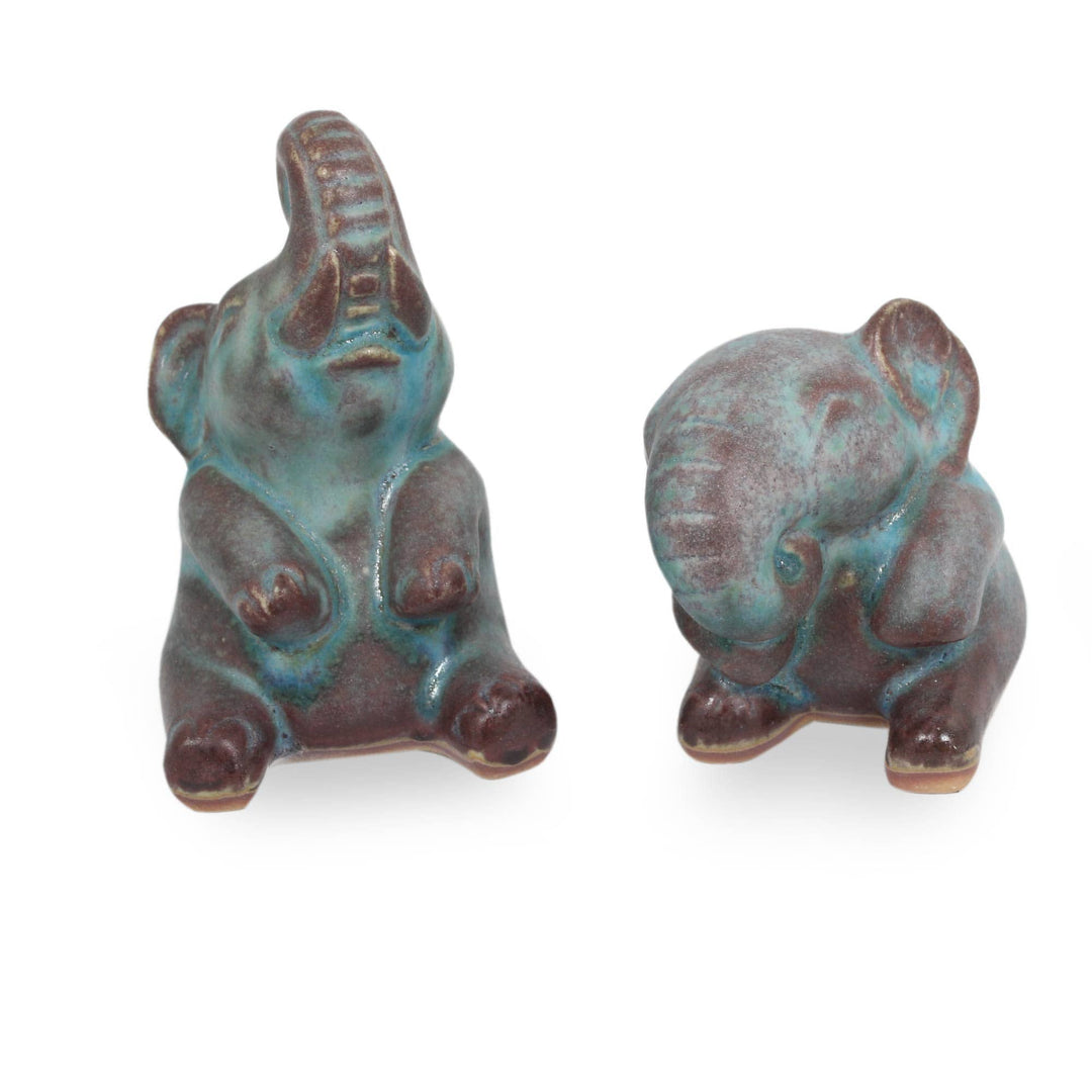 Celadon Ceramic Sculptures - Set of 2 - Antiqued Turquoise Elephants