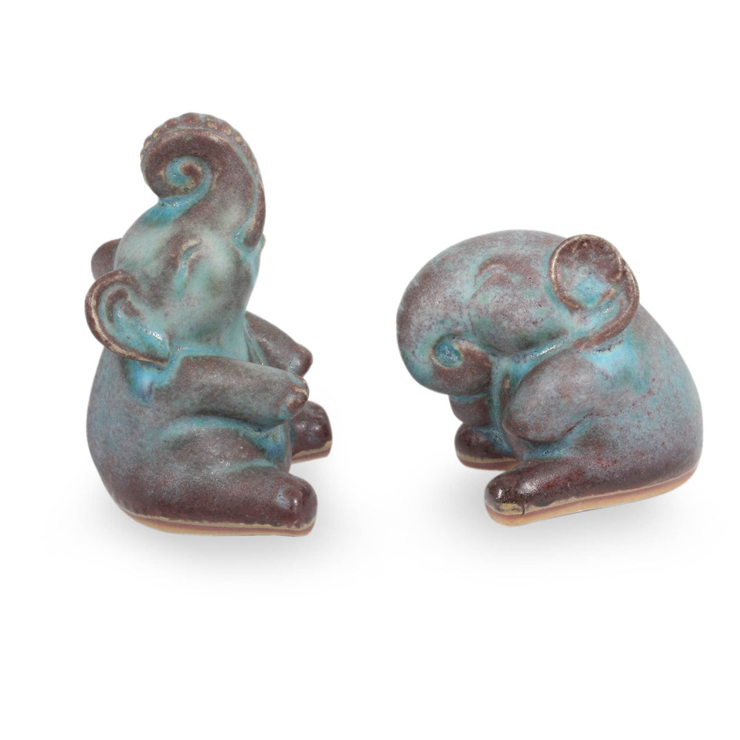 Celadon Ceramic Sculptures - Set of 2 - Antiqued Turquoise Elephants