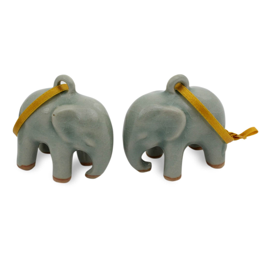 Crackled Green Celadon Ceramic Ornaments - Set of 2 - Light Blue Elephant