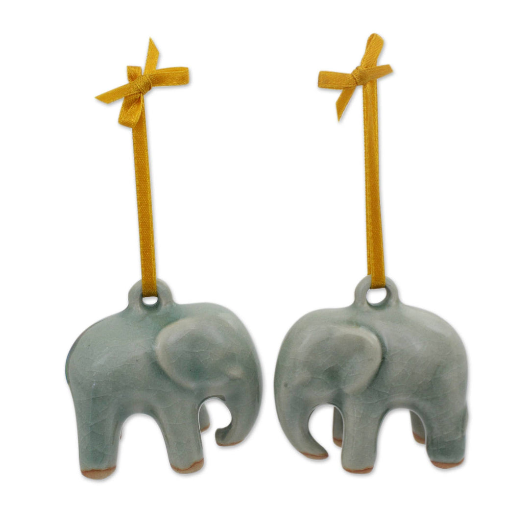 Crackled Green Celadon Ceramic Ornaments - Set of 2 - Light Blue Elephant