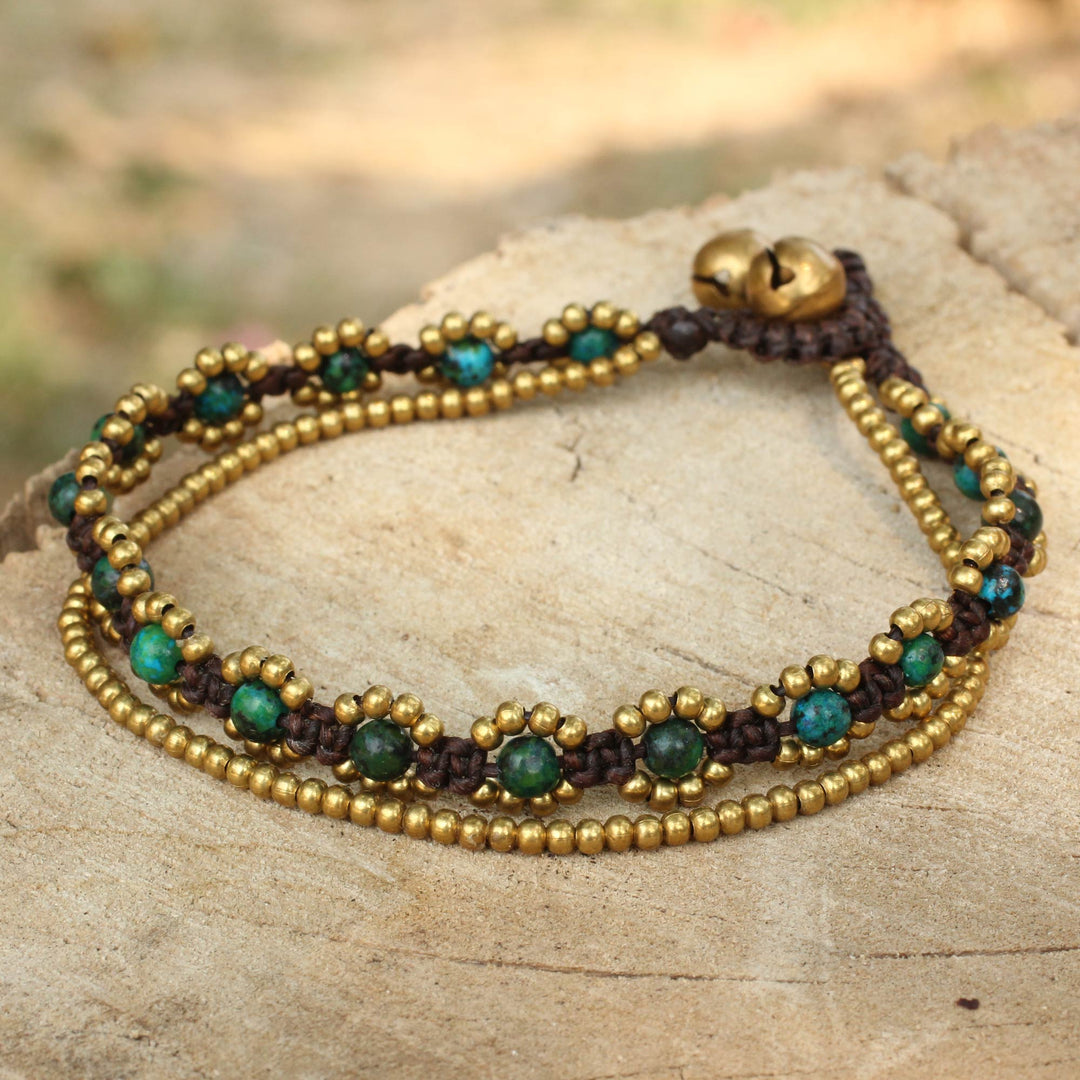 Hand Knotted Beaded Bracelet with Serpentine and Brass Bells - Serene Forest