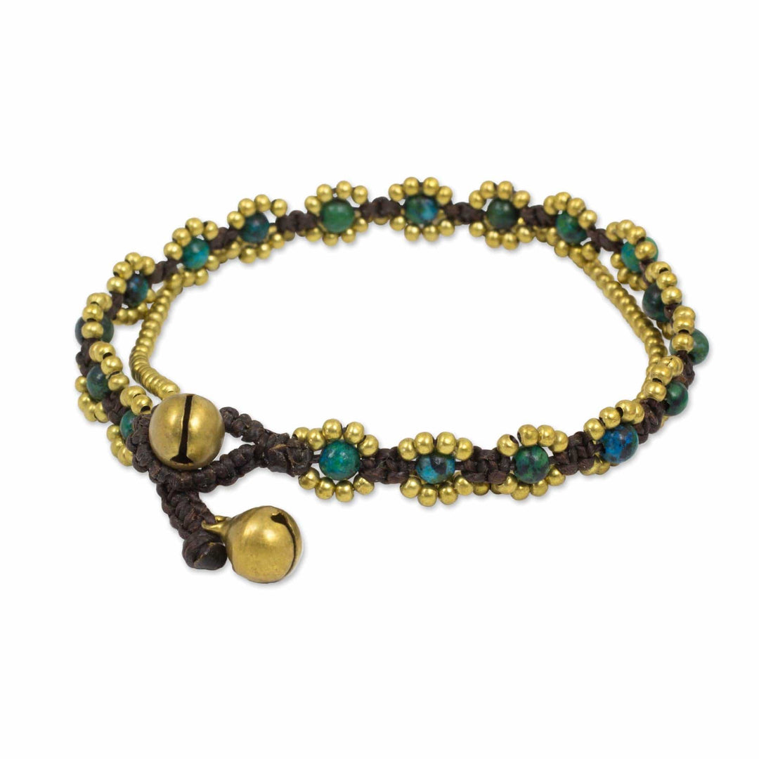 Hand Knotted Beaded Bracelet with Serpentine and Brass Bells - Serene Forest