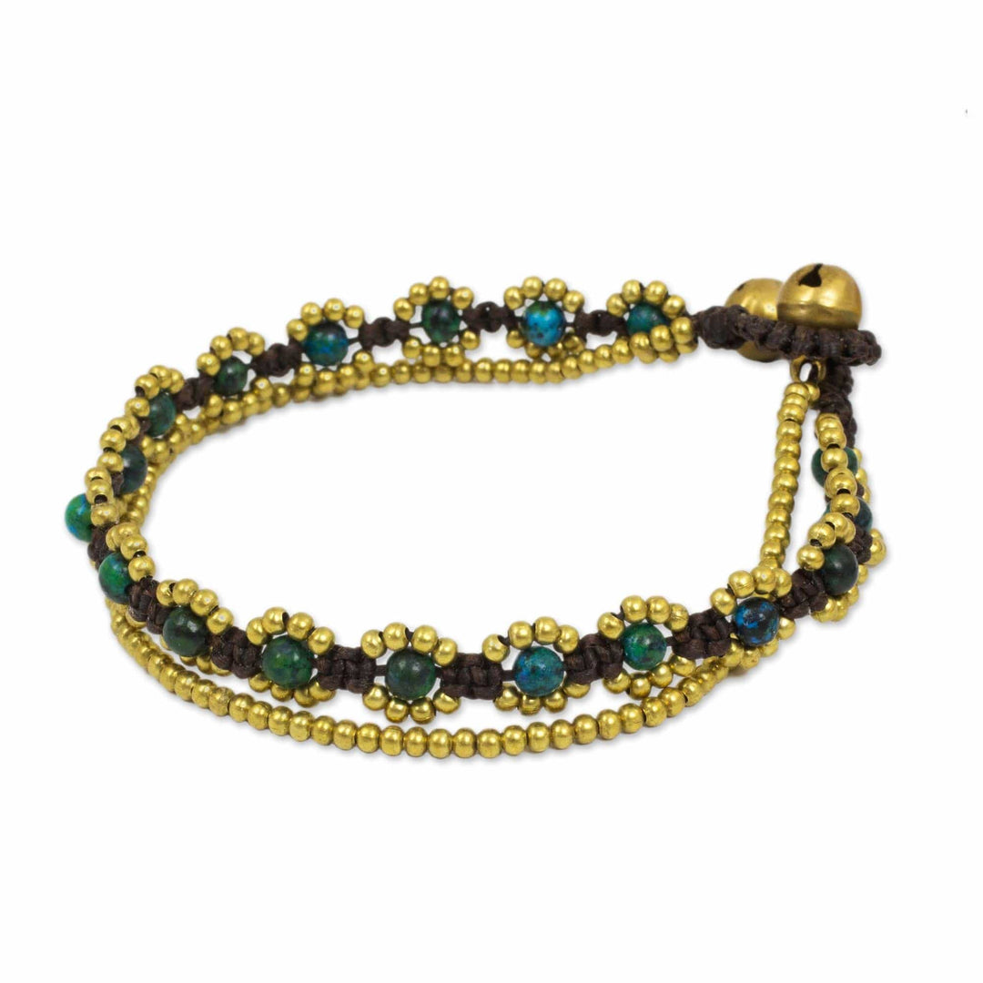 Hand Knotted Beaded Bracelet with Serpentine and Brass Bells - Serene Forest