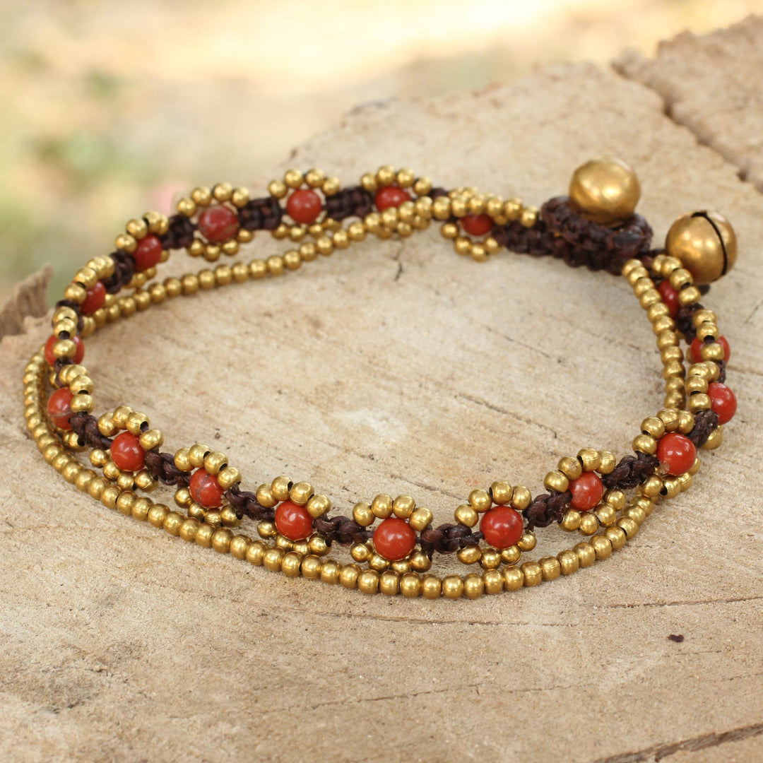 Hand Knotted Beaded Bracelet with Jasper and Brass Bells - Fiery Sky