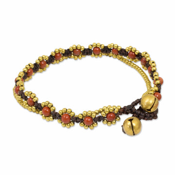 Hand Knotted Beaded Bracelet with Jasper and Brass Bells - Fiery Sky