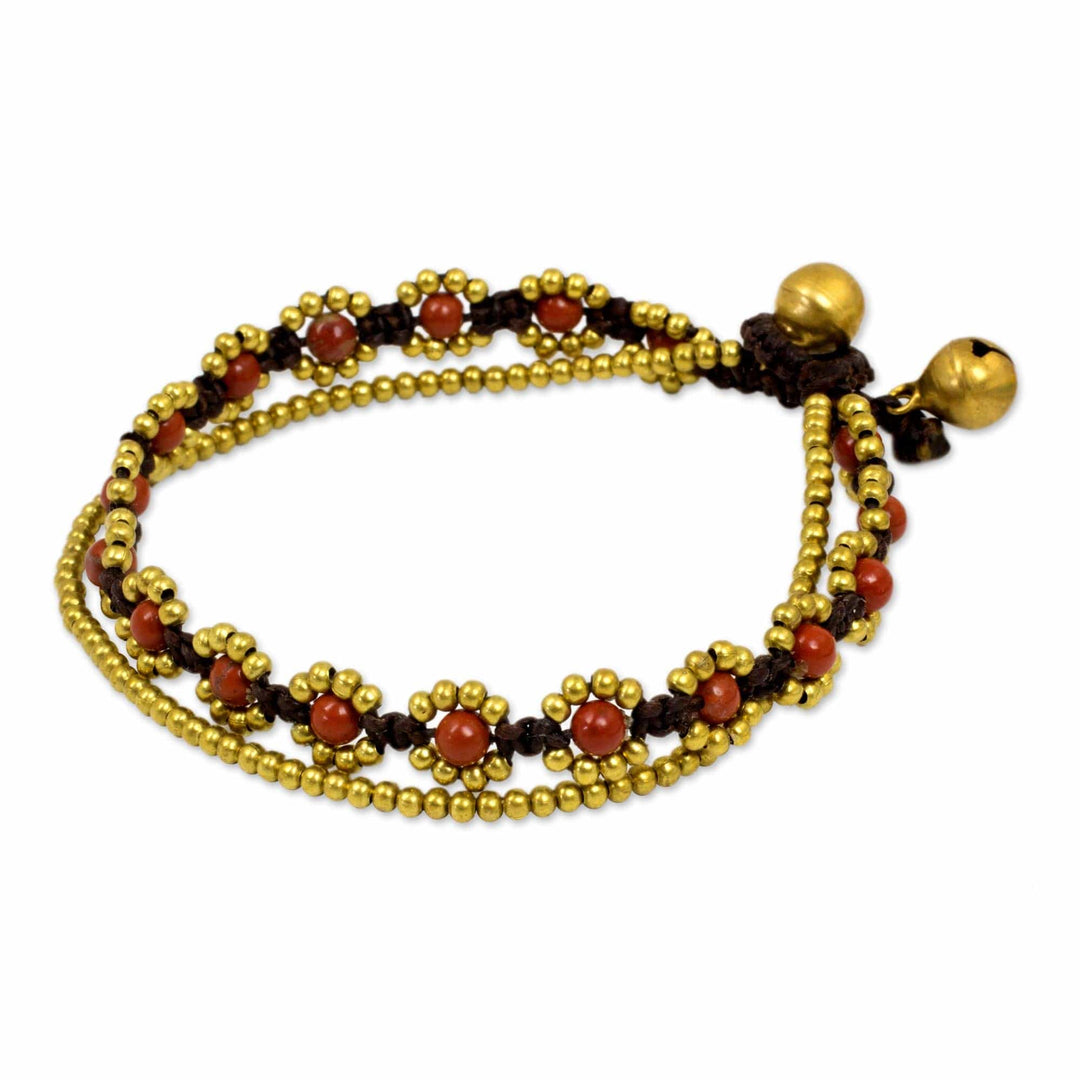 Hand Knotted Beaded Bracelet with Jasper and Brass Bells - Fiery Sky