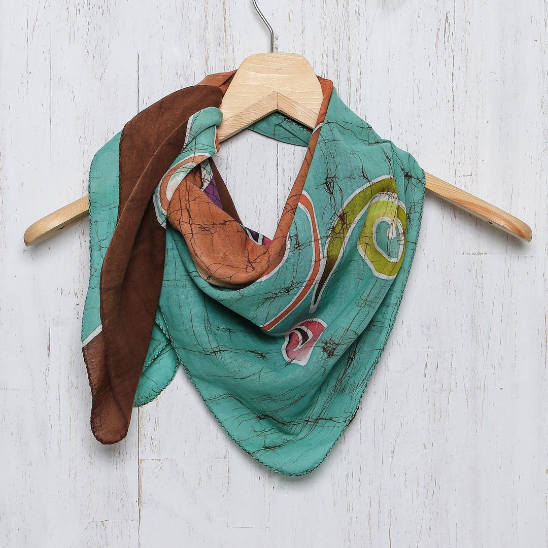 Thai Artisan Made Cotton Batik Scarf with Elephants - Winsome Elephants