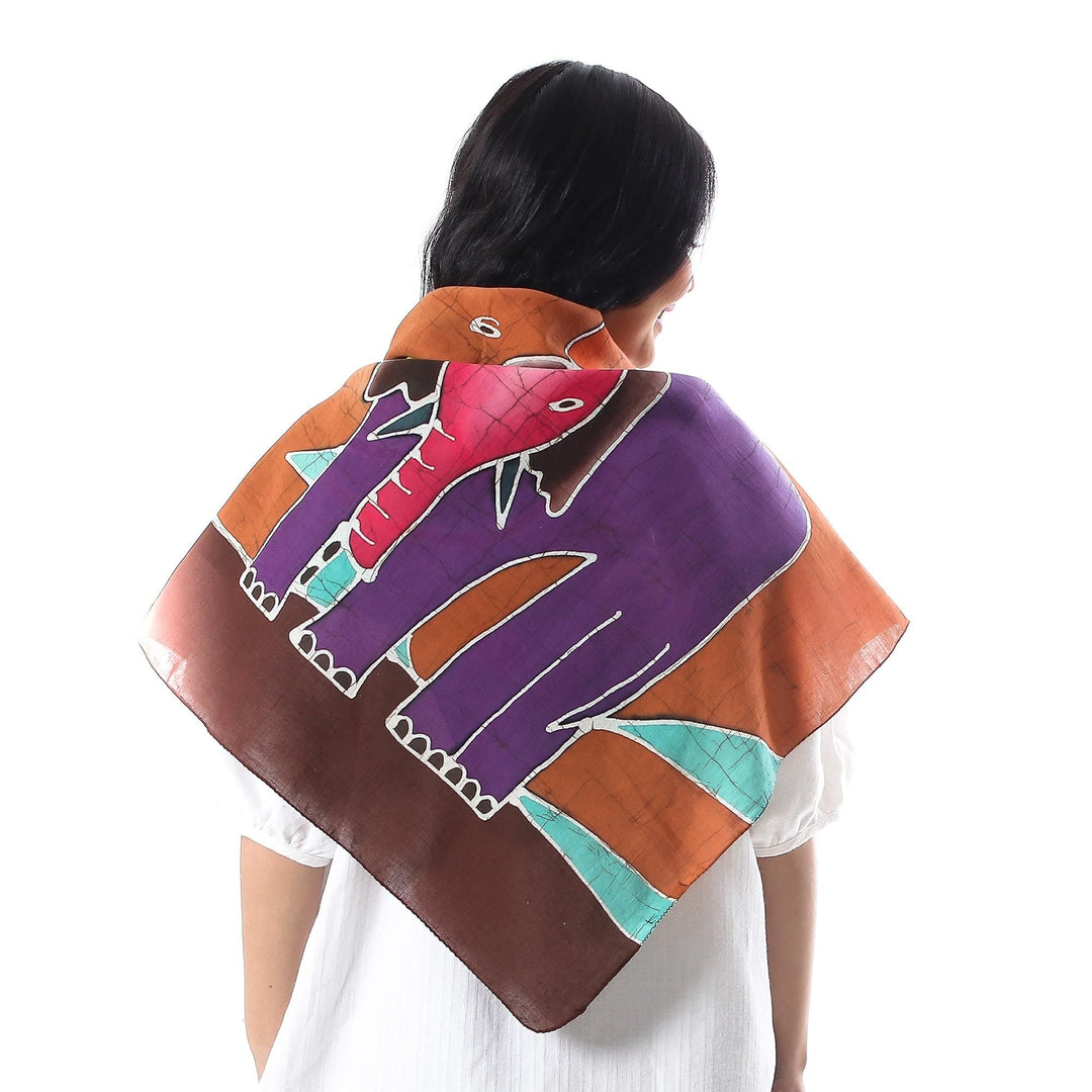 Thai Artisan Made Cotton Batik Scarf with Elephants - Winsome Elephants
