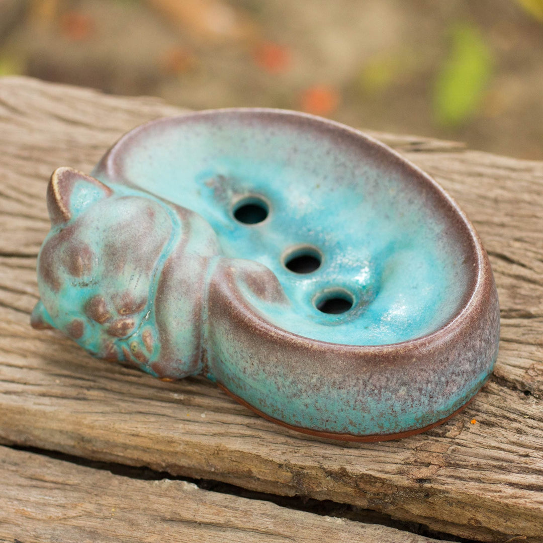 Handmade Turquoise Ceramic Cat Soap Dish from Thailand - Turquoise Napping Kitty