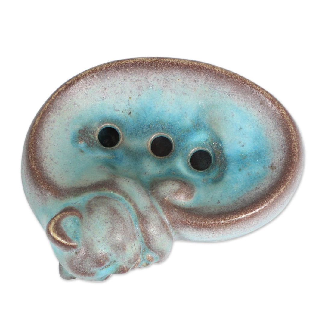 Handmade Turquoise Ceramic Cat Soap Dish from Thailand - Turquoise Napping Kitty