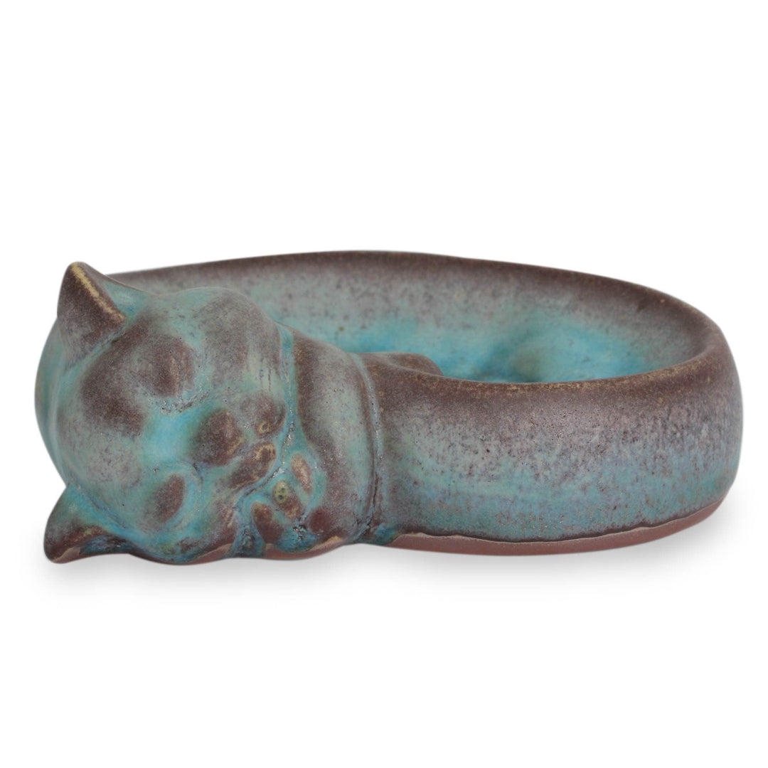 Handmade Turquoise Ceramic Cat Soap Dish from Thailand - Turquoise Napping Kitty