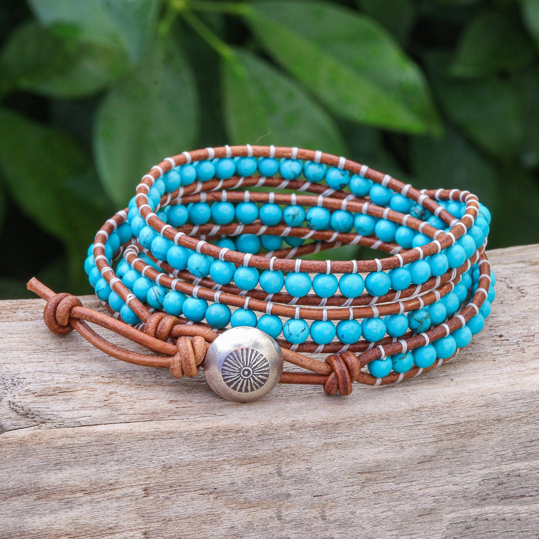 Triple Wrap Leather Bracelet with Reconstituted Turquoise - Cool Sky