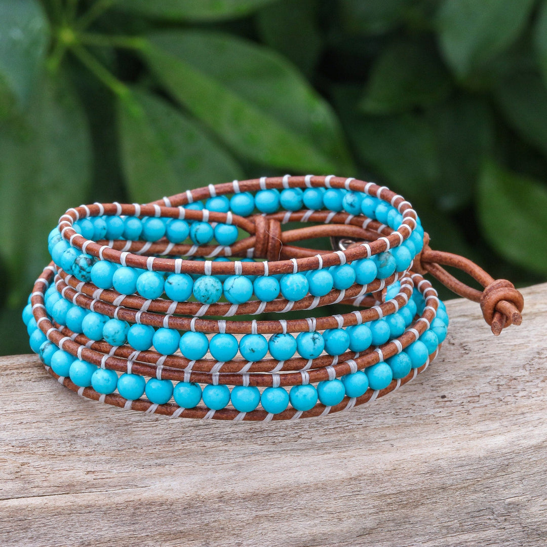 Triple Wrap Leather Bracelet with Reconstituted Turquoise - Cool Sky