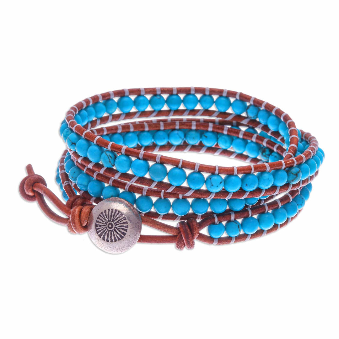 Triple Wrap Leather Bracelet with Reconstituted Turquoise - Cool Sky