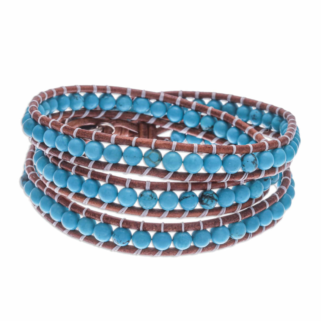 Triple Wrap Leather Bracelet with Reconstituted Turquoise - Cool Sky