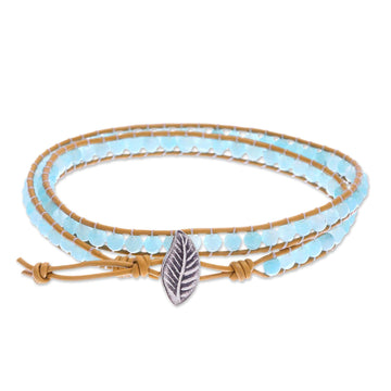 Blue Quartz and Brown Leather Wrap Bracelet - Hill Tribe Ice in Brown