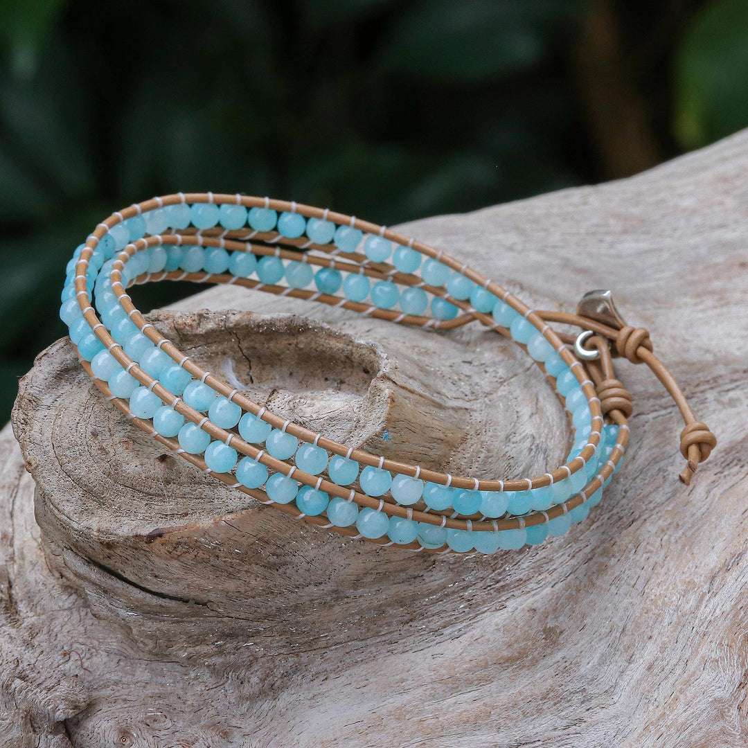 Blue Quartz and Brown Leather Wrap Bracelet - Hill Tribe Ice in Brown
