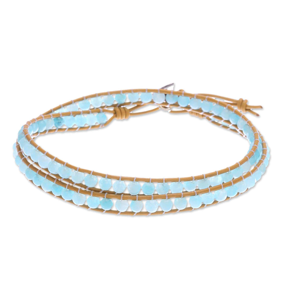 Blue Quartz and Brown Leather Wrap Bracelet - Hill Tribe Ice in Brown