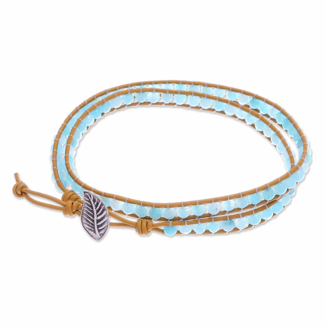Blue Quartz and Brown Leather Wrap Bracelet - Hill Tribe Ice in Brown