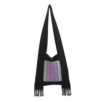Thai-Style Handbag in Black Cotton with Embroidered Panel - Twilight