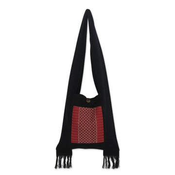 Handwoven Red and Black Shoulder Bag with Fringe - Crimson