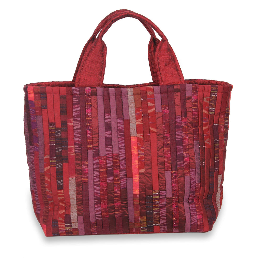 Red Hill Tribe Silk Patterned Tote Bag with Inner Pockets - Exotic Red