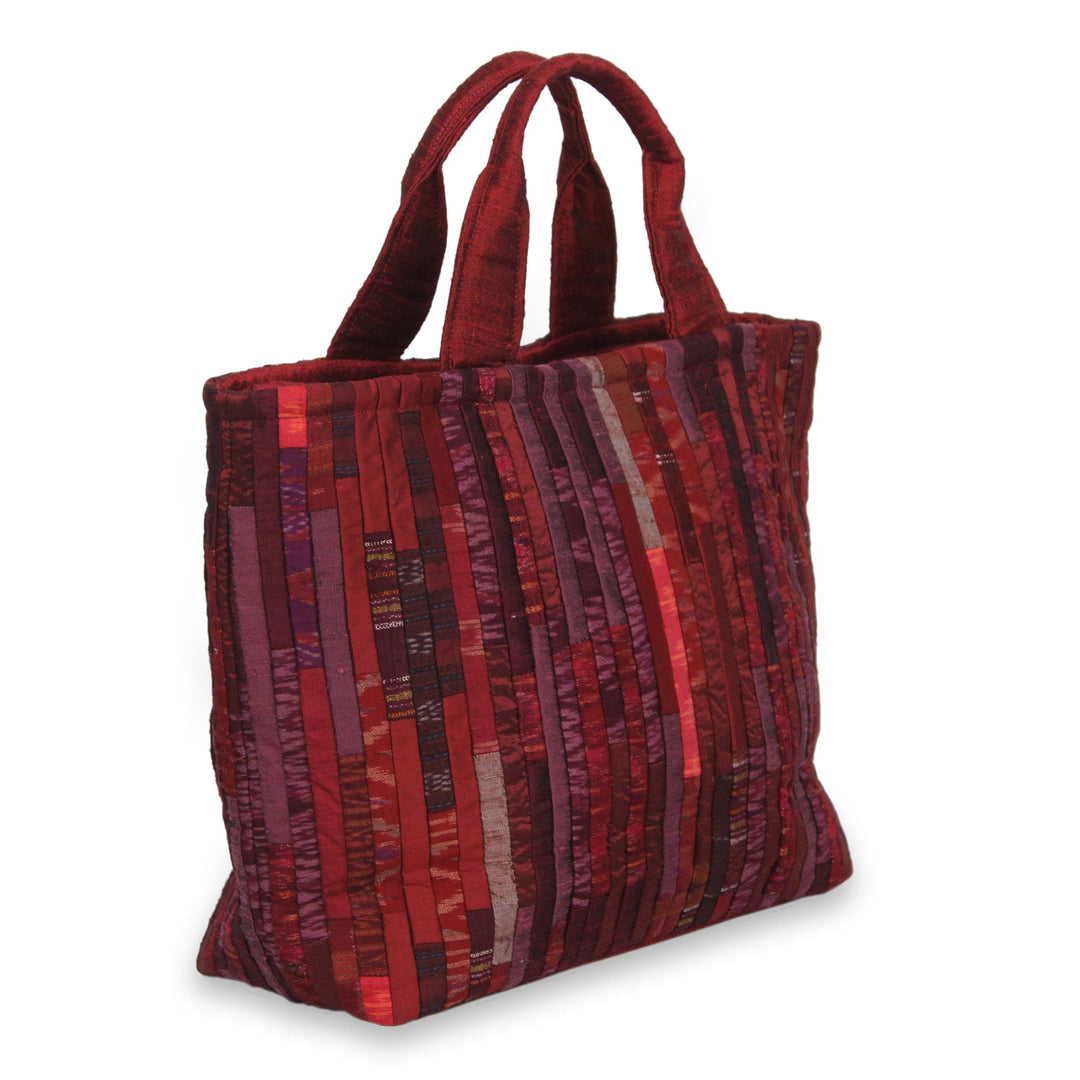 Red Hill Tribe Silk Patterned Tote Bag with Inner Pockets - Exotic Red