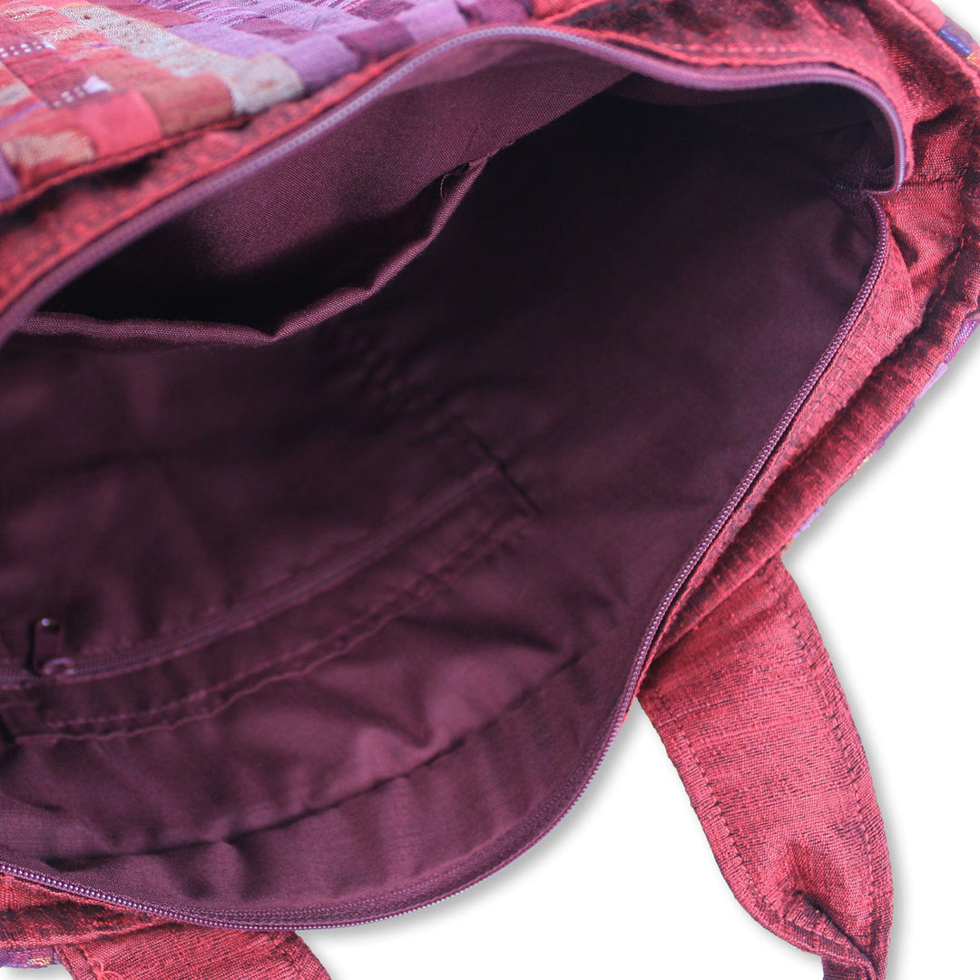 Red Hill Tribe Silk Patterned Tote Bag with Inner Pockets - Exotic Red