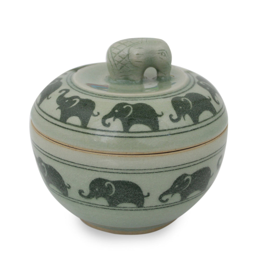 Green Celadon Ceramic Jewelry Box with Elephant Motif - Elephants on Parade