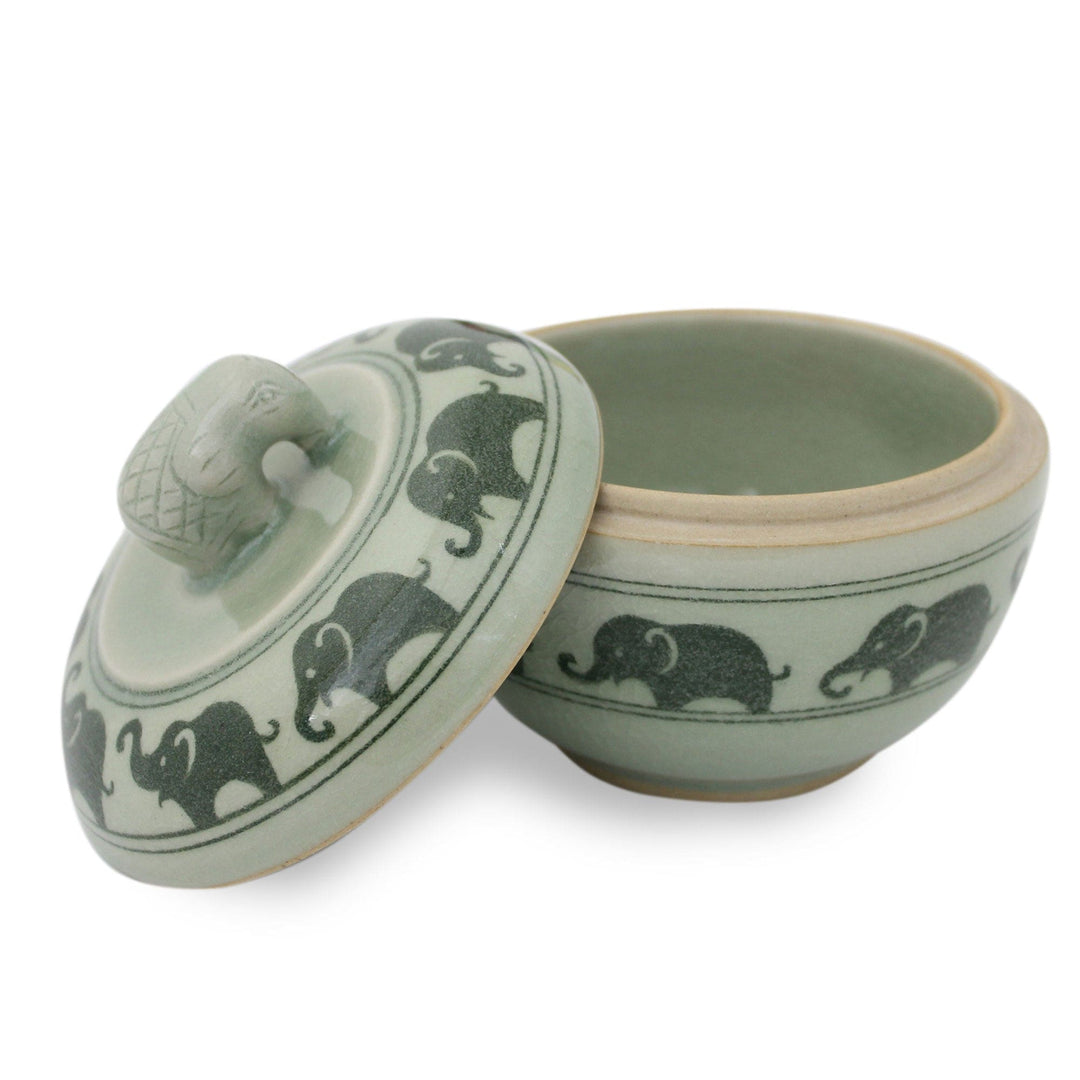 Green Celadon Ceramic Jewelry Box with Elephant Motif - Elephants on Parade