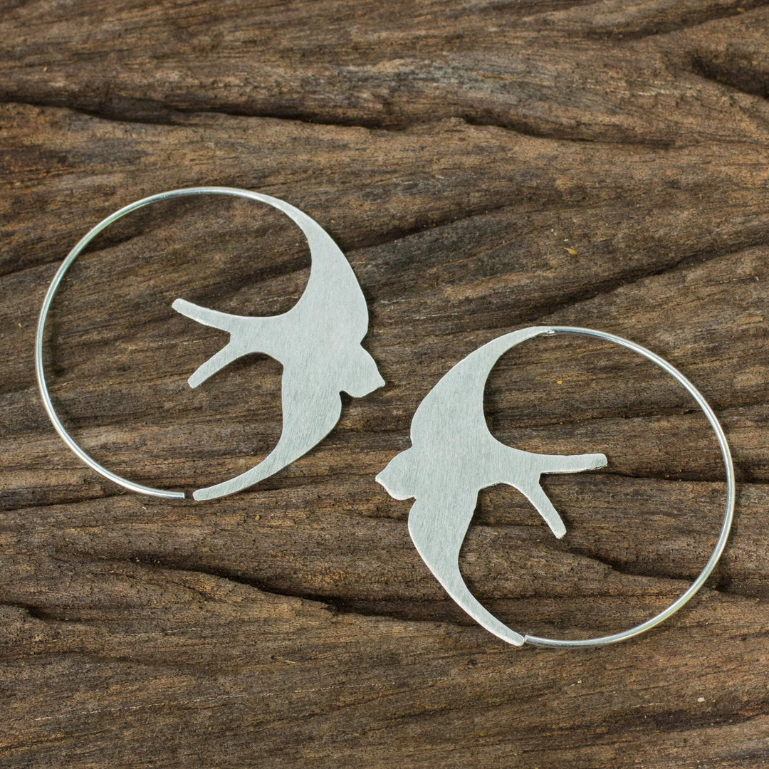 Sterling Silver Endless Hoop Earrings with Bird Design - The Martin
