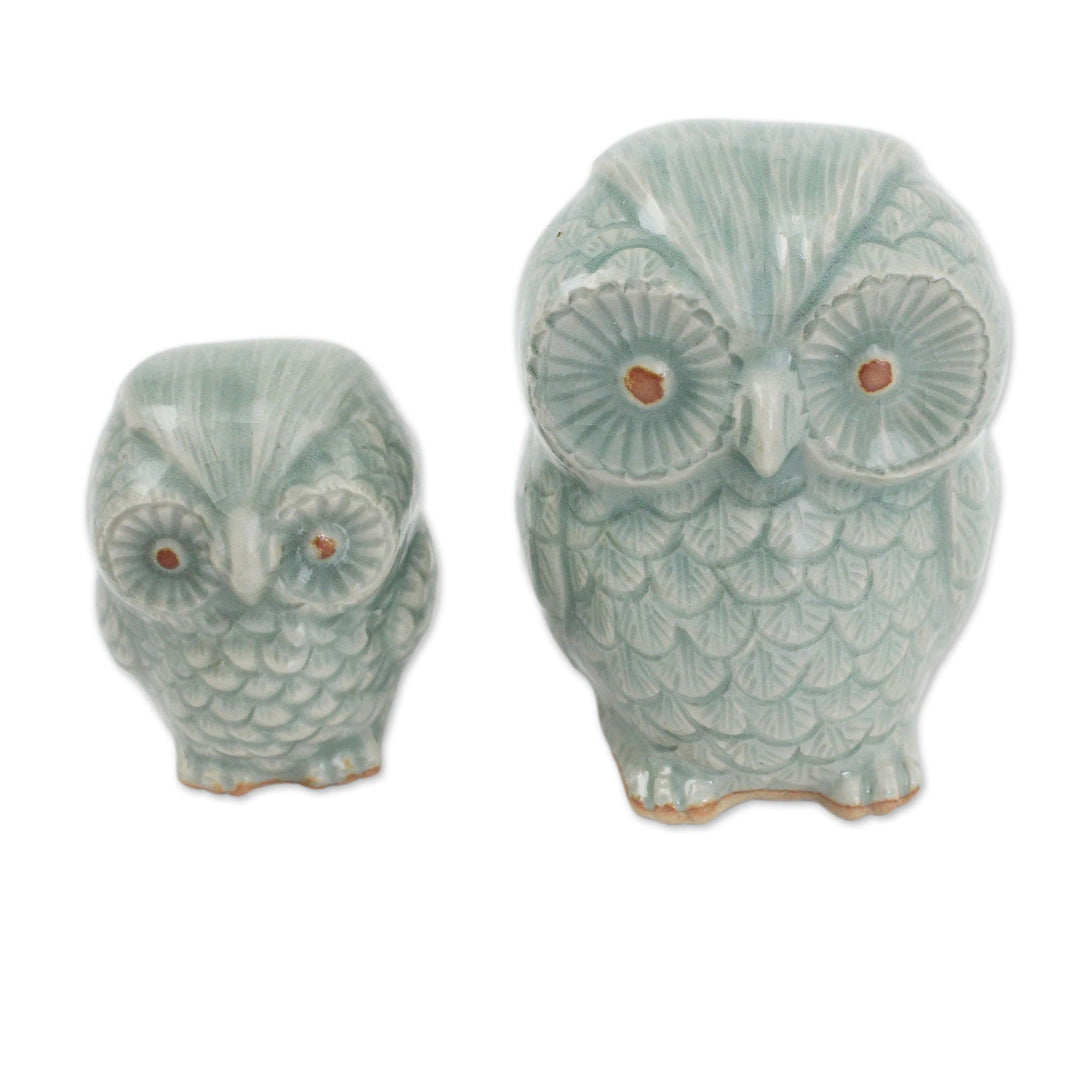 Celadon Ceramic Owl Figurines - Set of 2 - Little Light Blue Owls