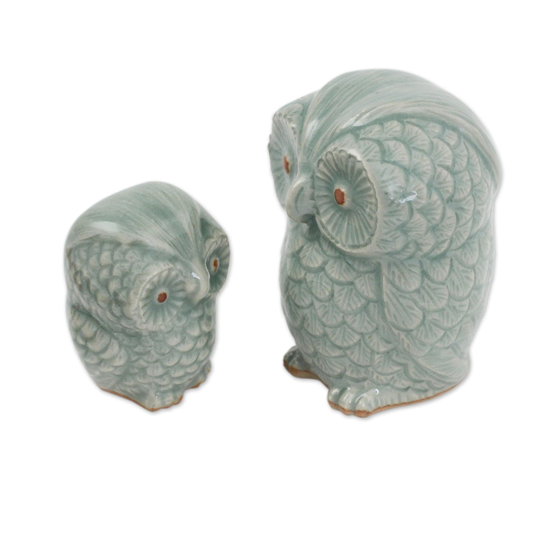Celadon Ceramic Owl Figurines - Set of 2 - Little Light Blue Owls