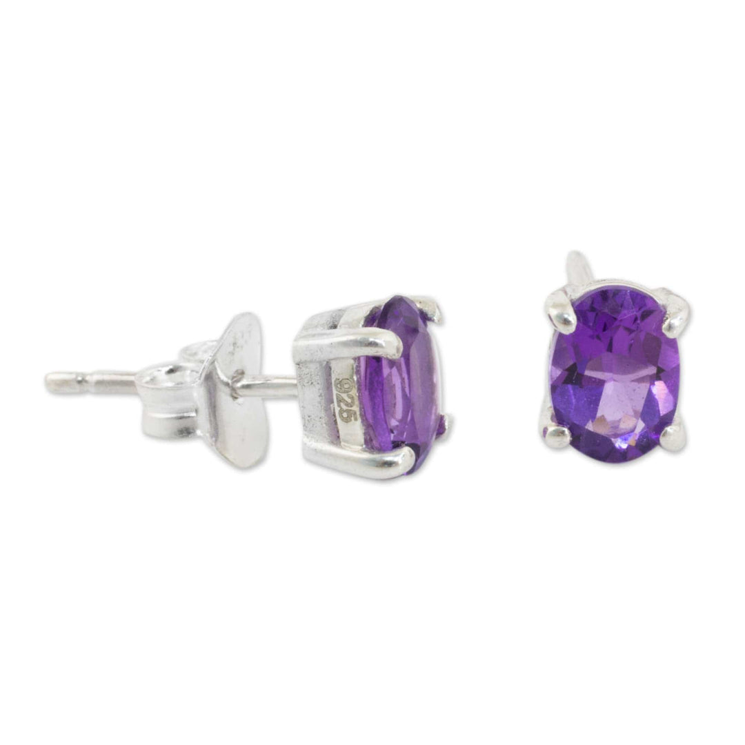 Amethyst Stud Earrings Sterling Silver Thai Jewelry - Sparkling