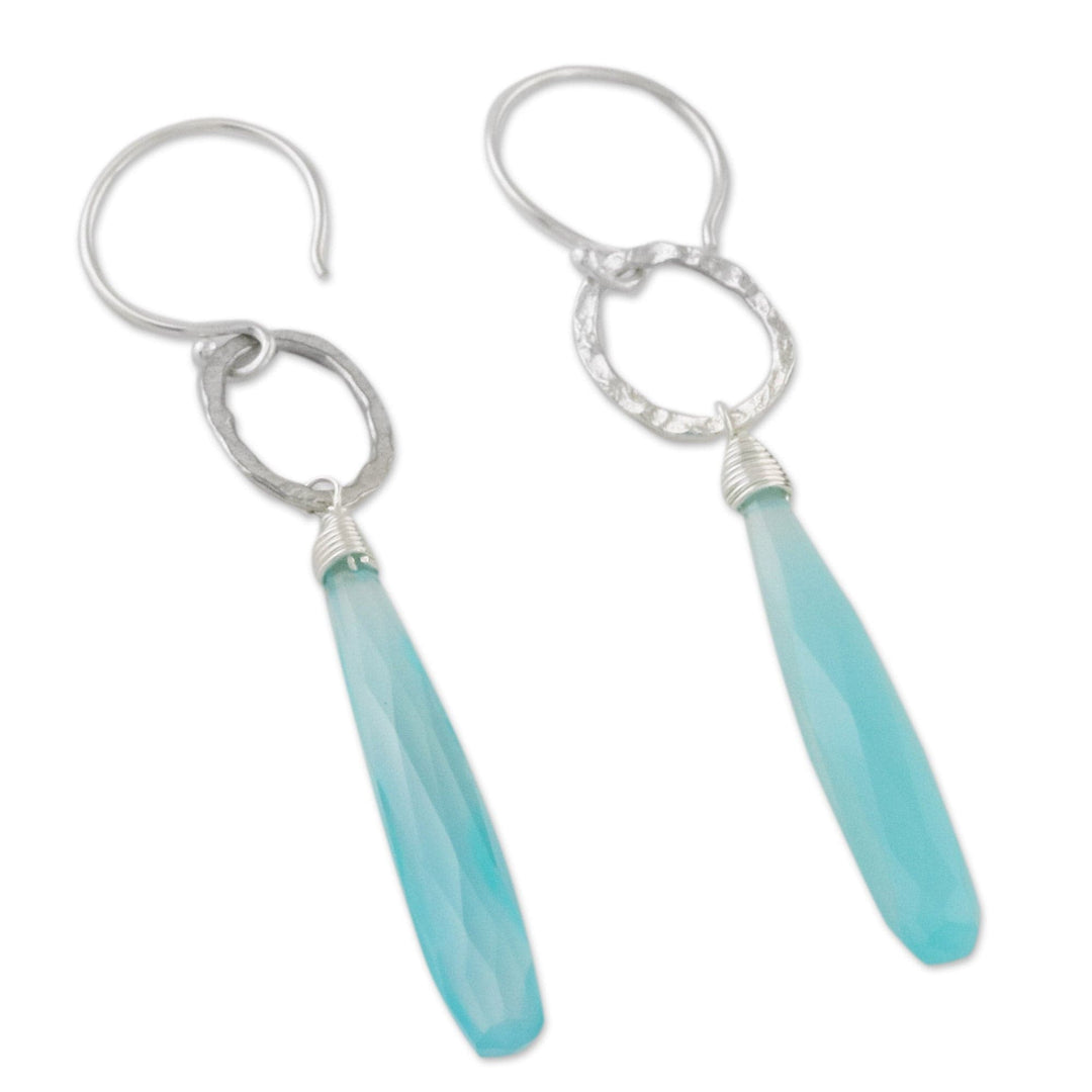 Blue Chalcedony Dangle Earrings with Hammered Silver - Exhilarated