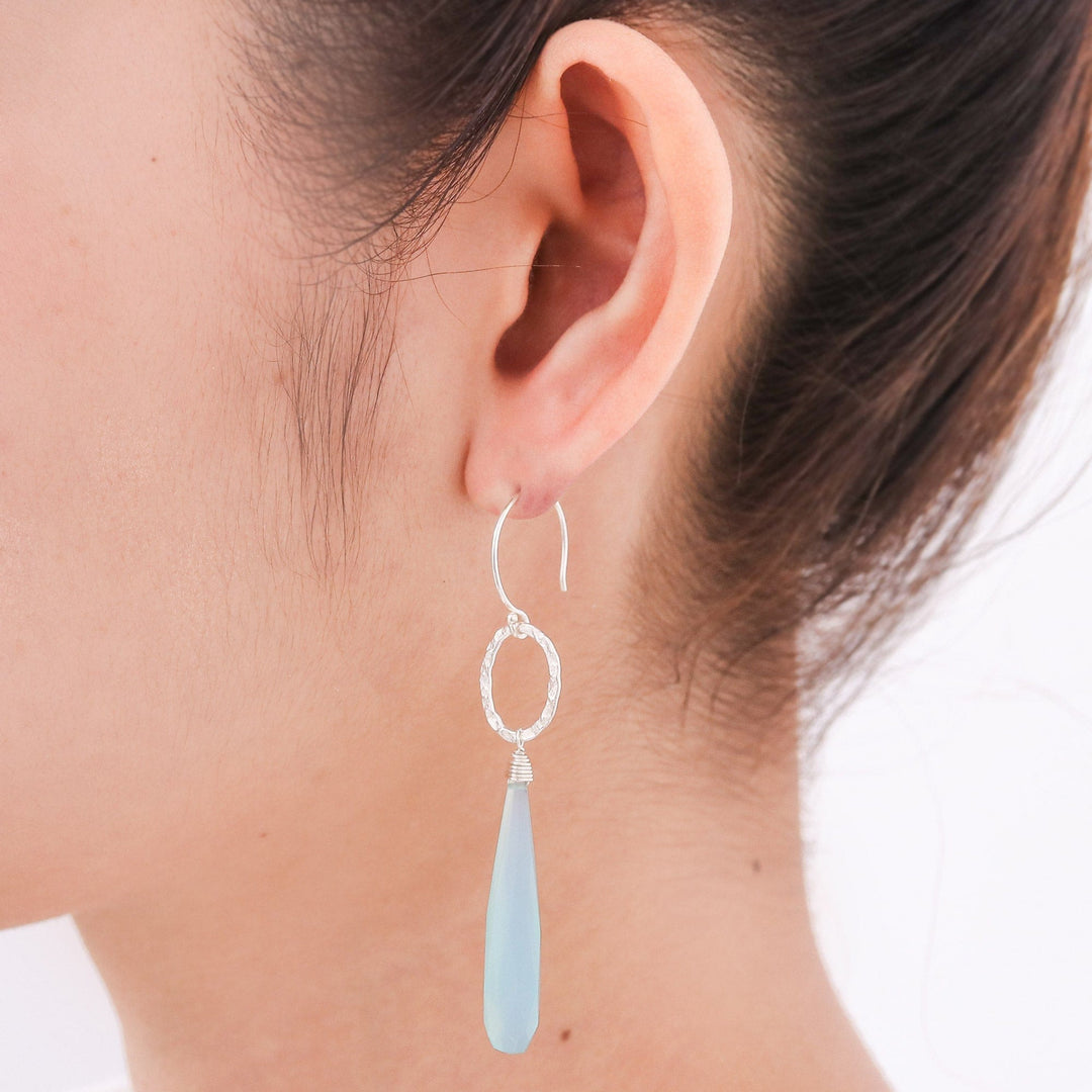 Blue Chalcedony Dangle Earrings with Hammered Silver - Exhilarated