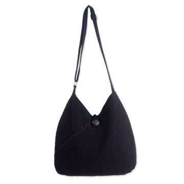 Cotton Hobo Shoulder Bag with Coin Purse and Multi Pockets - Surreal Black