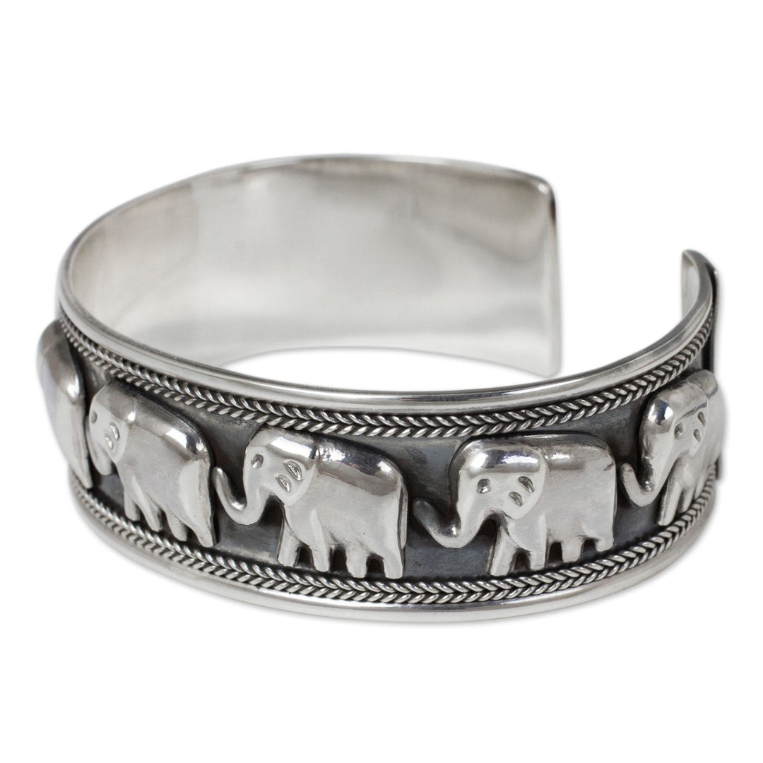 Artisan Crafted Sterling Silver Elephant Cuff Bracelet - Grand Elephant Parade