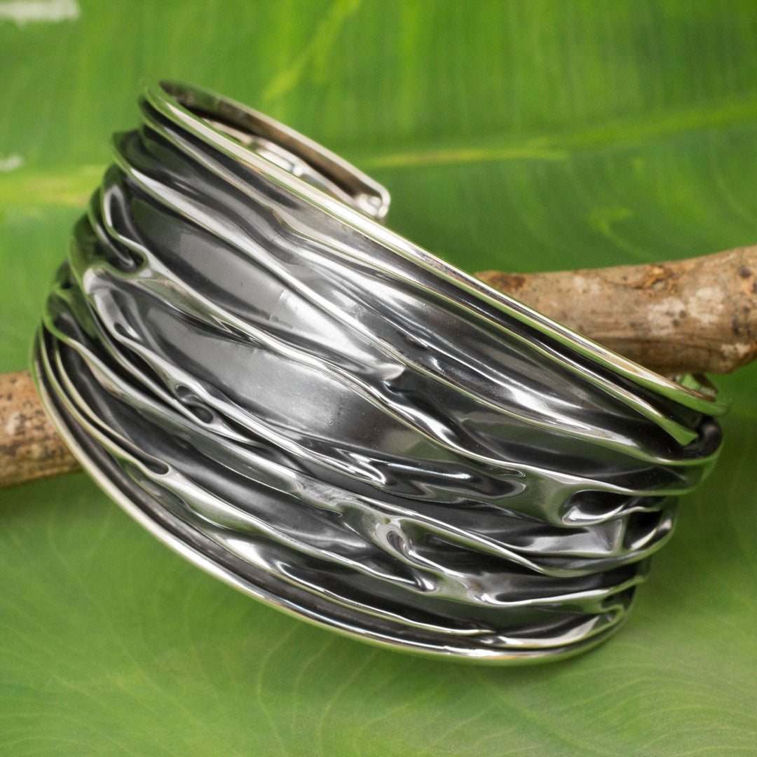 Textured Sterling Silver Cuff Bracelet Crafted by Hand - Wide River