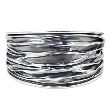 Textured Sterling Silver Cuff Bracelet Crafted by Hand - Wide River